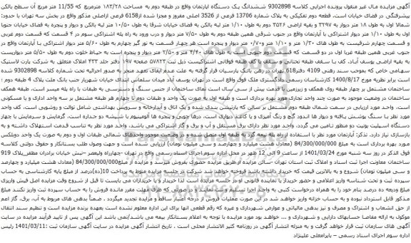 آگهی مزایده ششدانگ یک دستگاه اپارتمان واقع در طبقه دوم به مساحت ۱۸۳/۲۸ مترمربع که 11/55 متر مربع