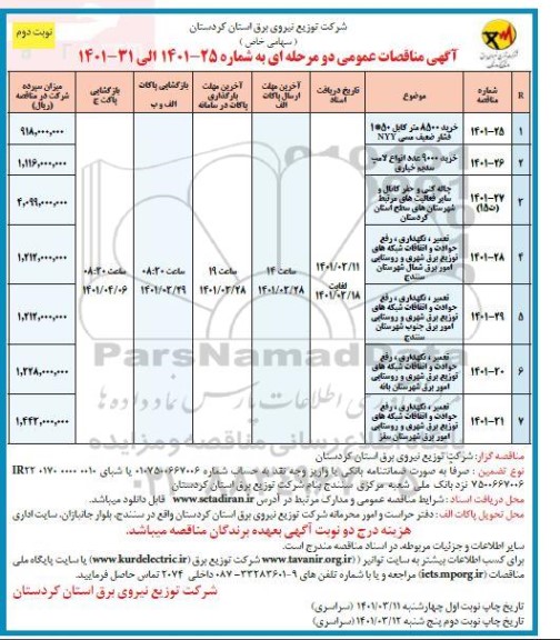 مناقصه خرید 8500 متر کابل 50 * 1 فشار ضعیف مسی NYY...- نوبت دوم 