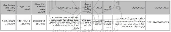 مناقصه، مناقصه عمومی یک مرحله ای پروژه احداث چمن مصنوعی و جداره سازی دیوار زمین ورزشی ایثار مشرف به احمد آباد