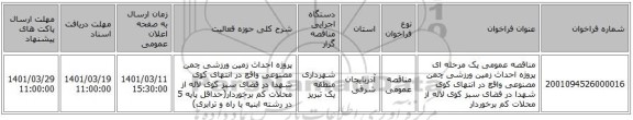 مناقصه، مناقصه عمومی یک مرحله ای پروژه احداث زمین ورزشی چمن مصنوعی واقع در انتهای کوی شهدا در فضای سبز کوی لاله از محلات کم برخوردار