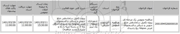 مناقصه، مناقصه عمومی یک مرحله ای پروژه تکمیل ساماندهی ضلع جنوبی و شرقی و قسمتهای غربی محوطه ربع رشیدی