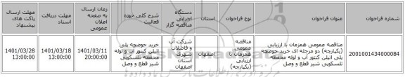 مناقصه، مناقصه عمومی همزمان با ارزیابی (یکپارچه) دو مرحله ای خرید حوضچه پلی اتیلن کنتور آب و لوله محفظه تلسکوپی شیر قطع و وصل