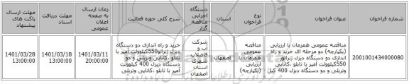 مناقصه، مناقصه عمومی همزمان با ارزیابی (یکپارچه) دو مرحله ای خرید و راه اندازی دو دستگاه دیزل ژنراتور 550کیلوولت آمپر با تابلو ،کاناپی وتریلی و دو دستگاه دیزل 400 کیل