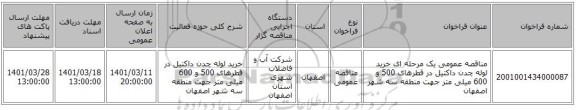 مناقصه، مناقصه عمومی یک مرحله ای خرید لوله چدن داکتیل در قطرهای 500 و 600 میلی متر جهت منطقه سه شهر اصفهان