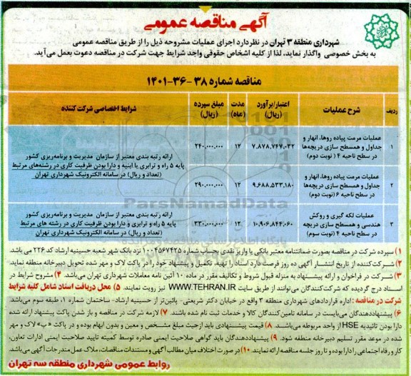 مناقصه ععملیات مرمت پیاده روها  ،انهار و جداول و همسطح سازی دریچه ها در سطح....