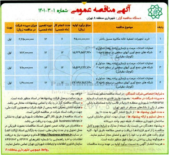 مناقصه، مناقصه خرید تجهیزات تصفیه خانه مکانیزه ...