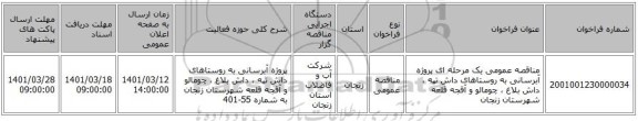 مناقصه، مناقصه عمومی یک مرحله ای پروژه آبرسانی به روستاهای داش تپه ، داش بلاغ ، چومالو و آقجه قلعه شهرستان زنجان