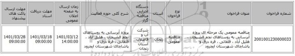 مناقصه، مناقصه عمومی یک مرحله ای پروژه آبرسانی به روستاهای نجم الشیخان ، هلیل آباد ، قلقاتی ، قره درق و پاشاچای شهرستان ایجرود