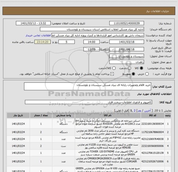 استعلام خرید اقلام وتجهیزات رایانه ای بنیاد مسکن سیستان و بلوچستان