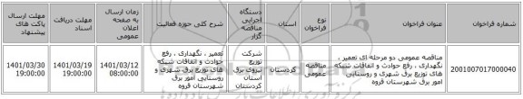 مناقصه، مناقصه عمومی دو مرحله ای تعمیر ، نگهداری ، رفع حوادث و اتفاقات شبکه های توزیع برق شهری و روستایی امور برق شهرستان قروه