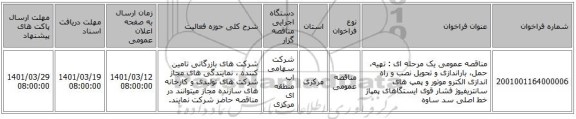 مناقصه، مناقصه عمومی یک مرحله ای : تهیه، حمل،  باراندازی و تحویل نصب و راه اندازی الکترو موتور و پمپ های سانتریفیوژ فشار قوی ایستگاهای پمپاژ خط اصلی سد ساوه