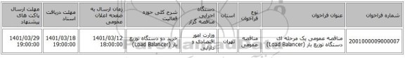 مناقصه، مناقصه عمومی یک مرحله ای دستگاه توزیع بار (Load Balancer)