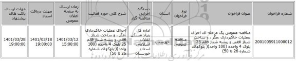 مناقصه، مناقصه عمومی یک مرحله ای اجرای  عملیات خاکبرداری ،مگر ، و ساخت شناژ افقی و ریشه شناژ قائم   25 بلوک 4 واحده   (100 واحد)( بلوکهای شماره 26 تا 50)