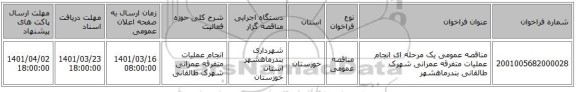 مناقصه، مناقصه عمومی یک مرحله ای انجام عملیات متفرقه عمرانی شهرک طالقانی بندرماهشهر