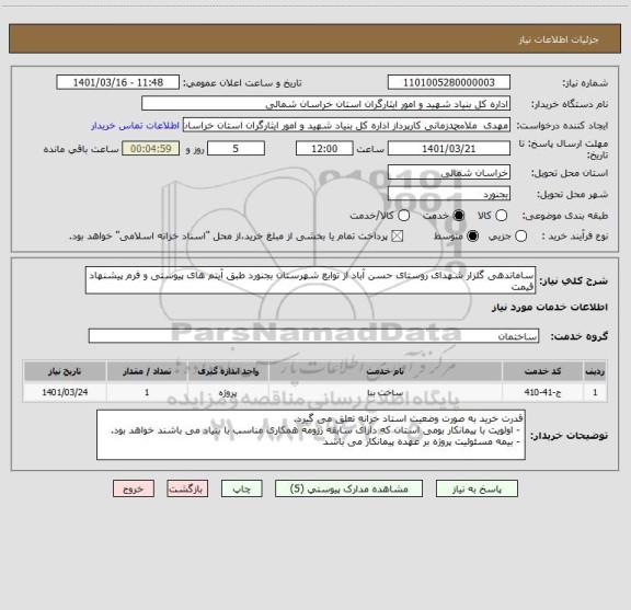 استعلام ساماندهی گلزار شهدای روستای حسن آباد از توابع شهرستان بجنورد طبق آیتم های پیوستی و فرم پیشنهاد قیمت