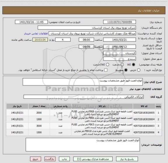 استعلام انواع المنت فیوز طبق مشخصات پیوست