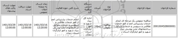 مناقصه، مناقصه عمومی یک مرحله ای انجام خدمات پشتیبانی اعم از امور خدمات نظافتی و سرویس و خدمات پذیرایی ساختمانهای تحت پوشش بنیاد شهید و امور ایثارگران استان ز