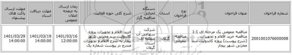 مناقصه، مناقصه عمومی یک مرحله ای 1-1	مناقصه خرید اقلام  و تجهیزات (شرح پیوست) پروژه کاندوئیت سد مخزنی شهر بیجار