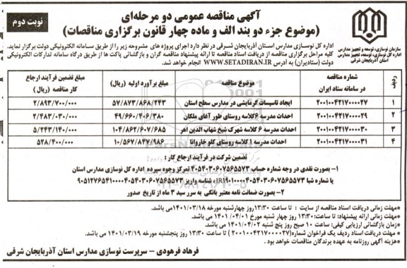 مناقصه ایجاد تاسیسات گرمایشی در مدارس سطح استان...نوبت دوم