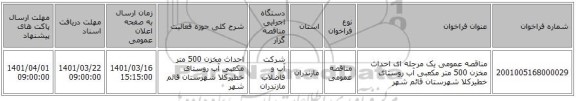 مناقصه، مناقصه عمومی یک مرحله ای احداث مخزن 500 متر مکعبی آب روستای خطیرکلا شهرستان قائم شهر