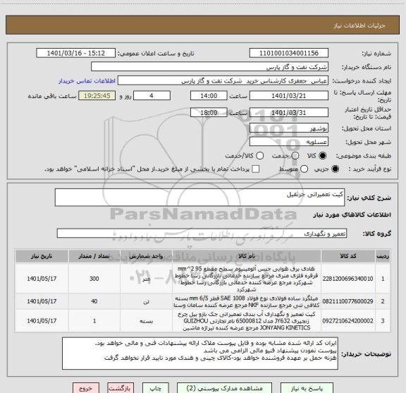 استعلام کیت تعمیراتی جرثقیل