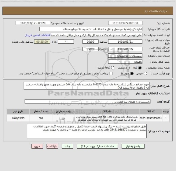 استعلام خرید مصالح سنگی شکسته با دانه بندی 12/5-0 میلیمتر و دانه بندی 6-0 میلیمتر جهت محور زاهدان - سفید آبه ( راهدار خانه سفید آبه)