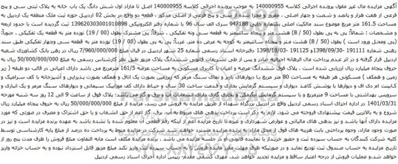 آگهی مزایده شش دانگ یک باب خانه به پلاک ثبتی سی و پنج فرعی از هفت هزار و پانصد و شصت و چهار اصلی