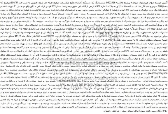 آگهی مزایده م ششدانگ یک دستگاه آپارتمان واقع درقسمت مرکزی طبقه اول بلوک جنوبی به مساحت 208/57مترمربع 