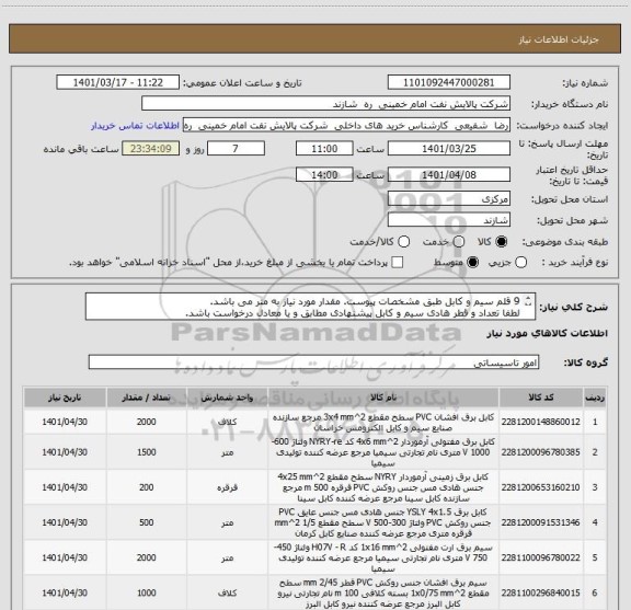 استعلام 9 قلم سیم و کابل طبق مشخصات پیوست. مقدار مورد نیاز به متر می باشد.
لطفا تعداد و قطر هادی سیم و کابل پیشنهادی مطابق و یا معادل درخواست باشد.