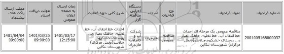 مناقصه، مناقصه عمومی یک مرحله ای احداث خط انتقال آب، خط تخلیه، چاهک پمپاژ و... روستای خشکرود-چلاسر(بخش مرکزی) شهرستان تنکابن