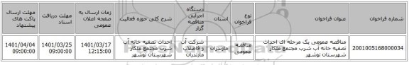 مناقصه، مناقصه عمومی یک مرحله ای احداث تصفیه خانه آب شرب مجتمع ملکار شهرستان نوشهر