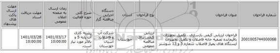 مناقصه، فراخوان ارزیابی کیفی بازسازی ، تکمیل تجهیزات باقیمانده تصفیه خانه فاضلاب و تکمیل تجهیزات ایستگاه های پمپاژ فاضلاب شماره 5 و 13 شوشتر