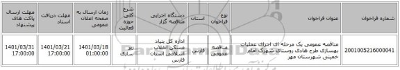 مناقصه، مناقصه عمومی یک مرحله ای اجرای عملیات بهسازی طرح هادی روستای شهرک امام خمینی شهرستان مهر