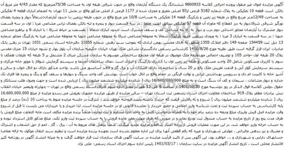 آگهی مزایده ششدانگ یک دستگاه آپارتمان واقع در جنوب شرقی طبقه اول به مساحت 75/38مترمربع 