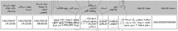 مناقصه، مناقصه عمومی یک مرحله ای تنظیف شهری ،رفت و روب سطح منطقه ٢  شهر بجنورد