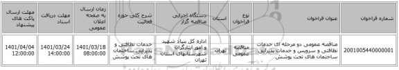 مناقصه، مناقصه عمومی دو مرحله ای خدمات نظافتی و سرویس و خدمات پذیرایی ساختمان های تحت پوشش