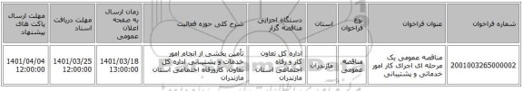 مناقصه، مناقصه عمومی یک مرحله ای اجرای کار امور خدماتی و پشتیبانی