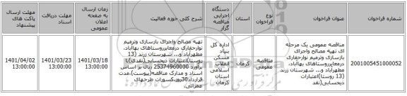 مناقصه، مناقصه عمومی یک مرحله ای تهیه مصالح واجرای بازسازی وترمیم نوارحفاری درمعابرروستاهای بهاآباد، مطهرآباد و... شهرستان زرند (13 روستا)اعتبارات ذیحسابی(نقد