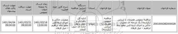 مناقصه، مناقصه عمومی همزمان با ارزیابی (یکپارچه) یک مرحله ای عملیات خاکی و اجرای ابنیه فنی محور چاه ابراهیم – میل فرهاد