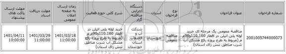 مناقصه، مناقصه عمومی یک مرحله ای  خرید لوله پلی اتیلن در اقطار 110،160و90م م (مربوط به طرح پروژه رفع مشکل آب شرب مناطق تنش زای استان)