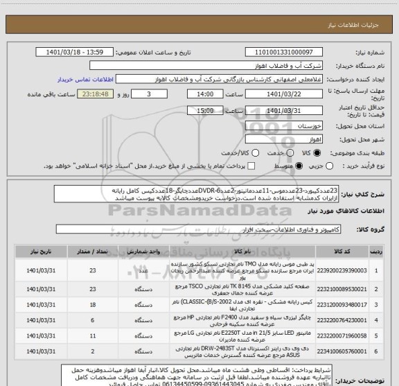 استعلام 23عددکیبورد-23عددموس-11عددمانیتور-2عددDVDR-6عددچاپگر-18عددکیس کامل رایانه
ازایران کدمشابه استفاده شده است.درخواست خریدومشخصات کالابه پیوست میباشد