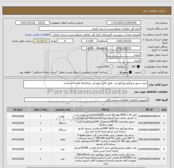 استعلام خرید سرور و ویدئو پروژکتور و... طبق فایل پیوستی ایرانکدها مشابه میباشد