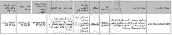 مناقصه، مناقصه عمومی یک مرحله ای اجرای آسفالت  طرح هادی روستاهای دمتیر جنوبی و دمتیر شمالی و غورزه  از توابع شهرستان پارسیان