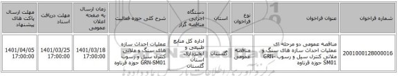 مناقصه، مناقصه عمومی دو مرحله ای عملیات احداث سازه های سنگ و ملاتی کنترل سیل و رسوب GRN-SM01 حوزه قرناوه