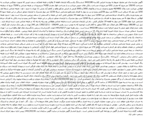 آگهی مزایده ششدانگ یکدستگاه اپارتمان قطعه 3 واقع در طبقه همکف سمت غربی که بصورت دوبلکس میباشد