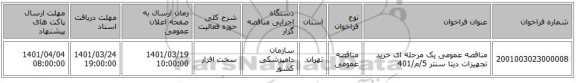 مناقصه، مناقصه عمومی یک مرحله ای خرید تجهیزات دیتا سنتر  5/م/401