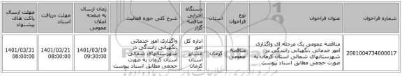 مناقصه، مناقصه عمومی یک مرحله ای واگذاری امور خدماتی .نگهبانی  رانندگی در شهرستانهای شمالی استان کرمان به صورت حجمی مطابق اسناد پیوست