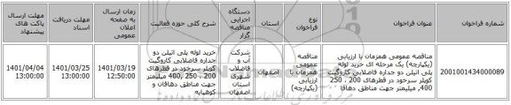 مناقصه، مناقصه عمومی همزمان با ارزیابی (یکپارچه) یک مرحله ای خرید لوله پلی اتیلن دو جداره فاضلابی کاروگیت کوپلر سرخود در قطرهای 200 ، 250 ,400 میلیمتر   جهت مناطق دهاقا