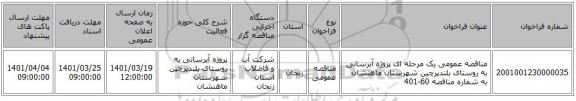 مناقصه، مناقصه عمومی یک مرحله ای پروژه آبرسانی به روستای بلندپرچین شهرستان ماهنشان به شماره مناقصه 60-401