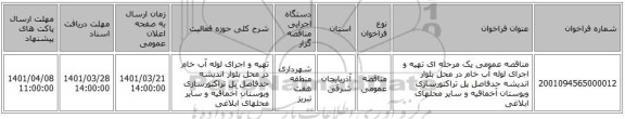 مناقصه، مناقصه عمومی یک مرحله ای تهیه و اجرای لوله آب خام در محل بلوار اندیشه حدفاصل پل تراکتورسازی وبوستان آخماقیه و سایر محلهای ابلاغی